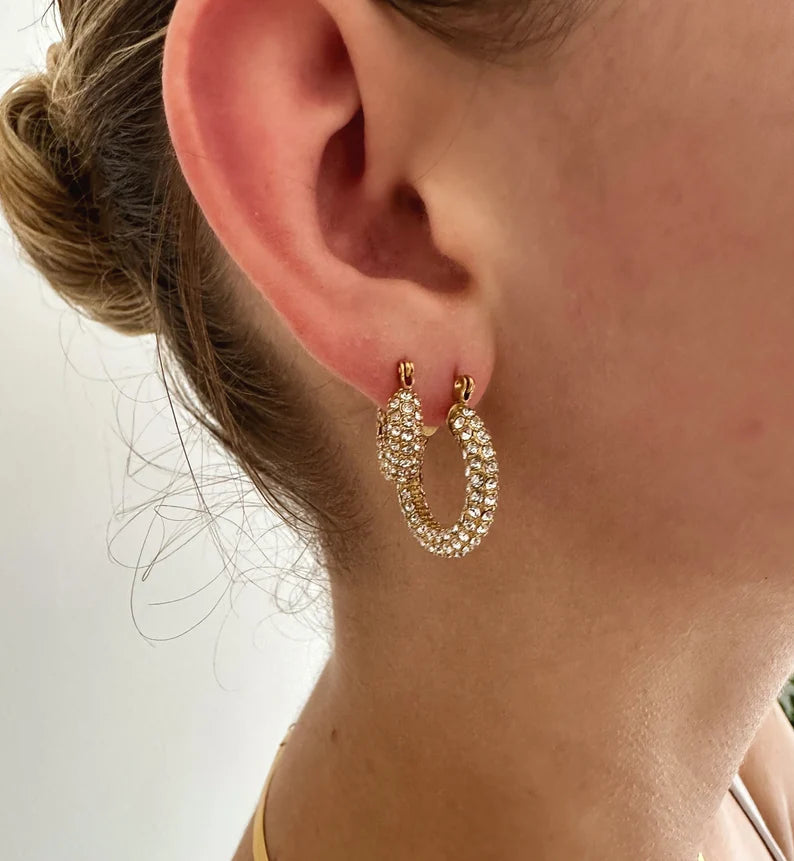 Close-up of Sparkling Cubic Zirconia Hoop Earrings