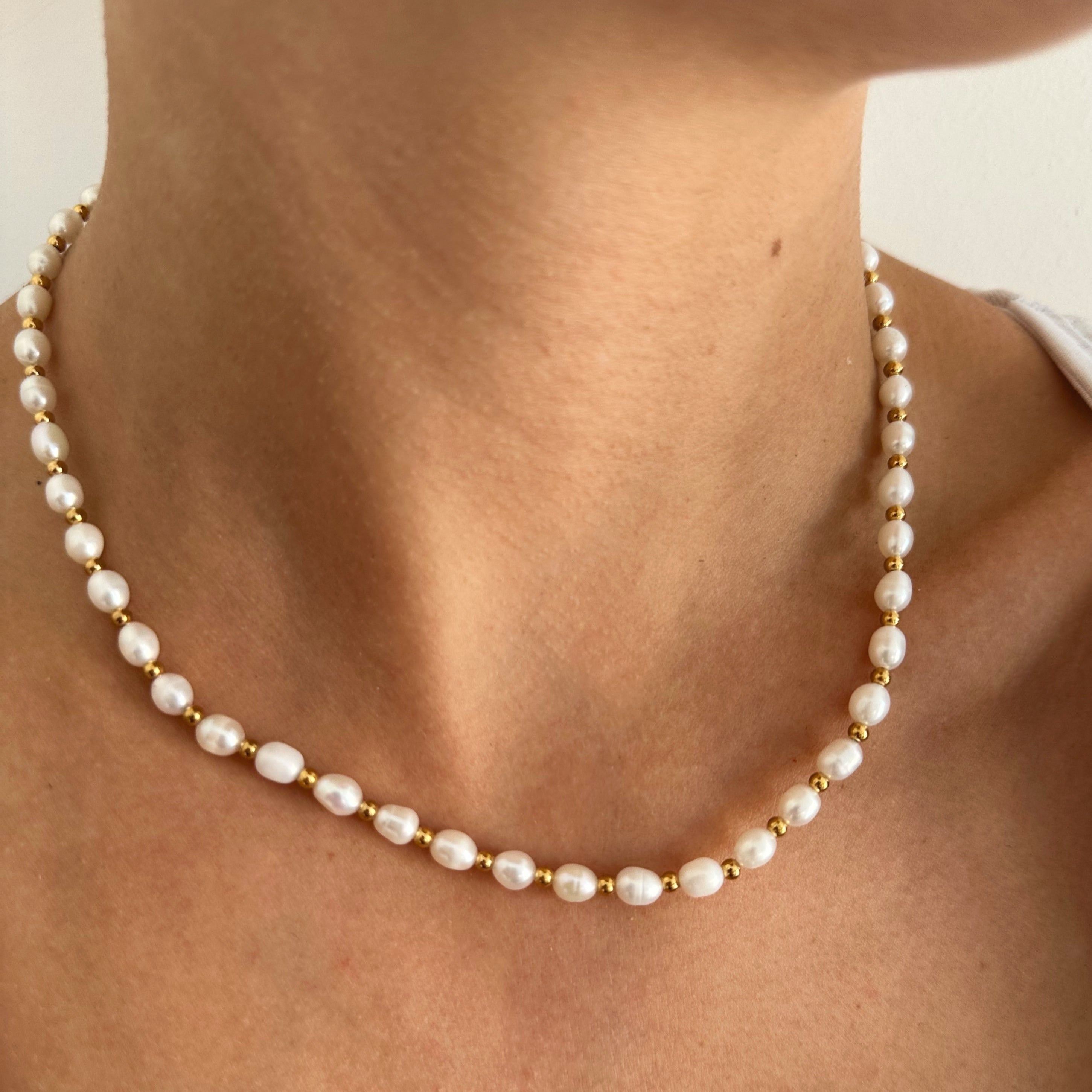 Delicate pearl and gold necklace with freshwater pearls, water safe