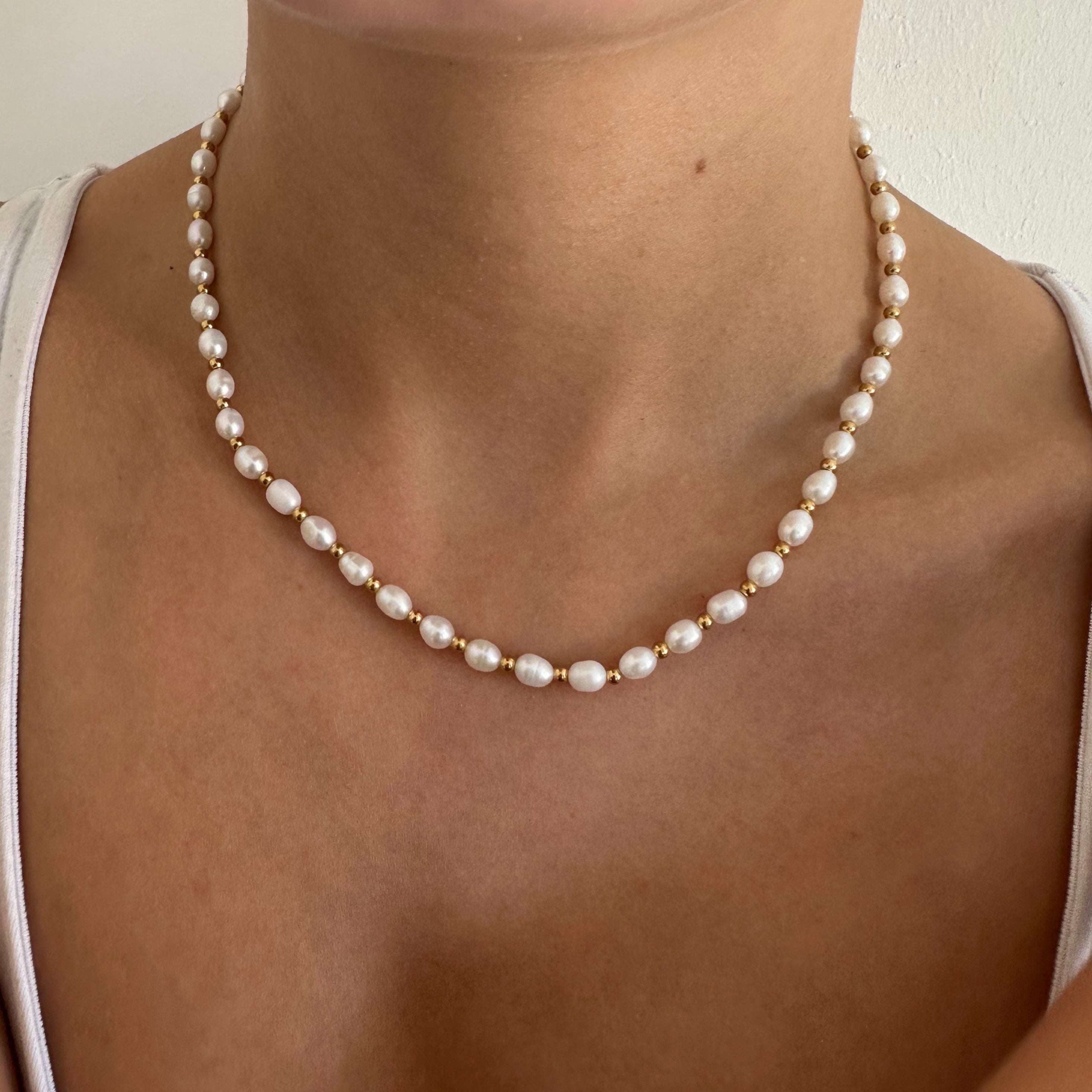 Trendy pearl and gold necklace, tarnish free and popular