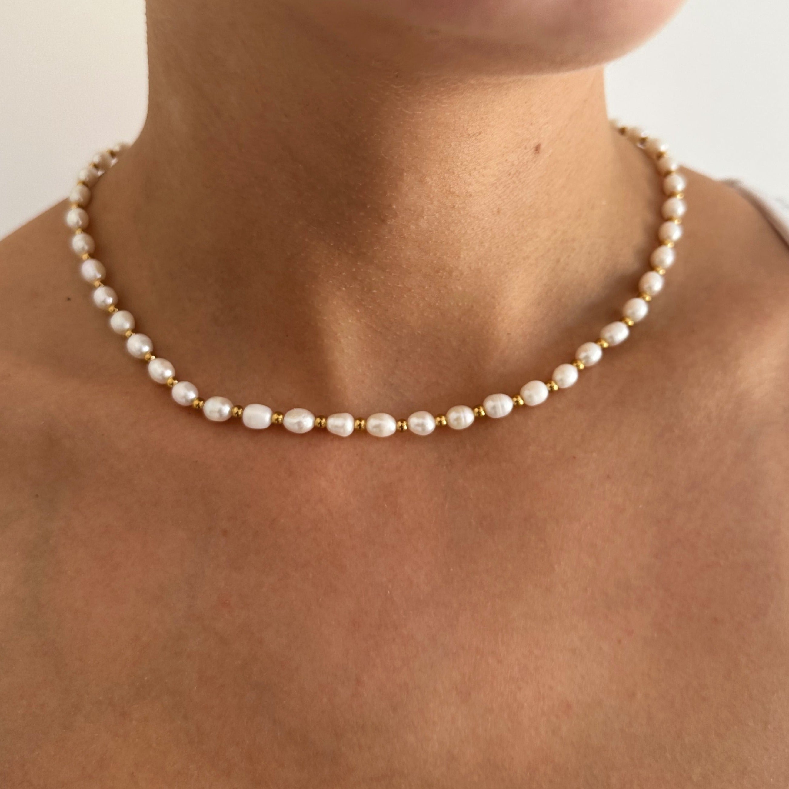Freshwater pearl and gold beads necklace, tarnish free