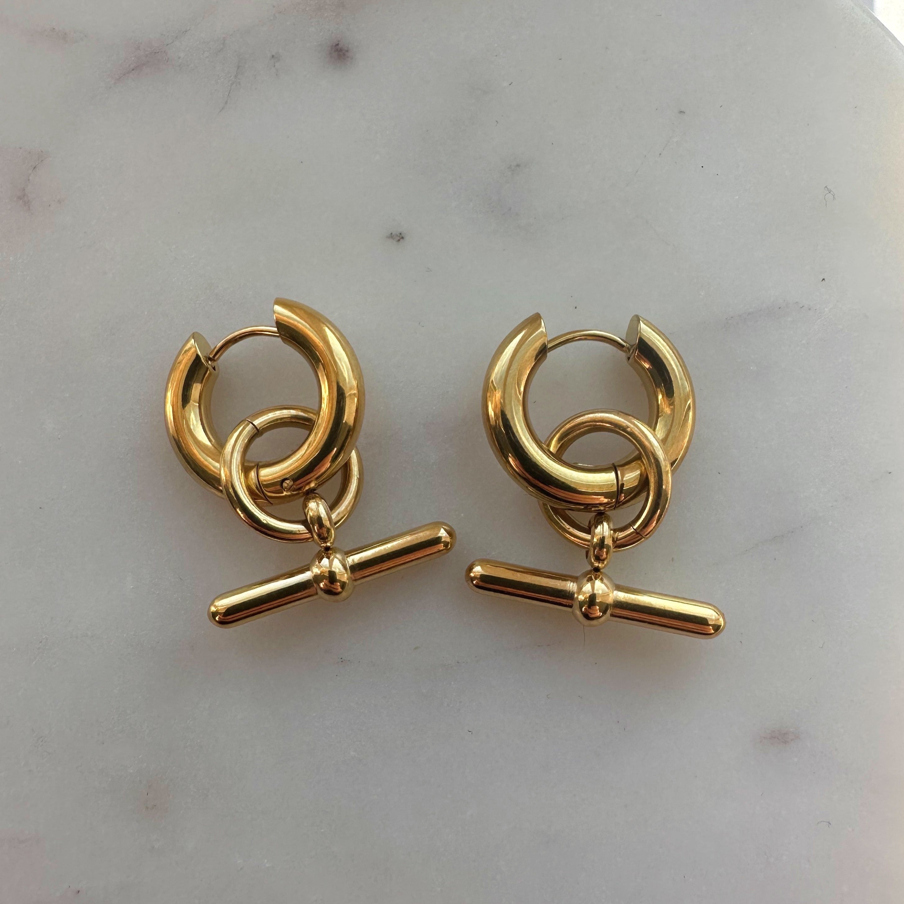 Thick Gold Hoop Earrings with  T-Bar Earrings