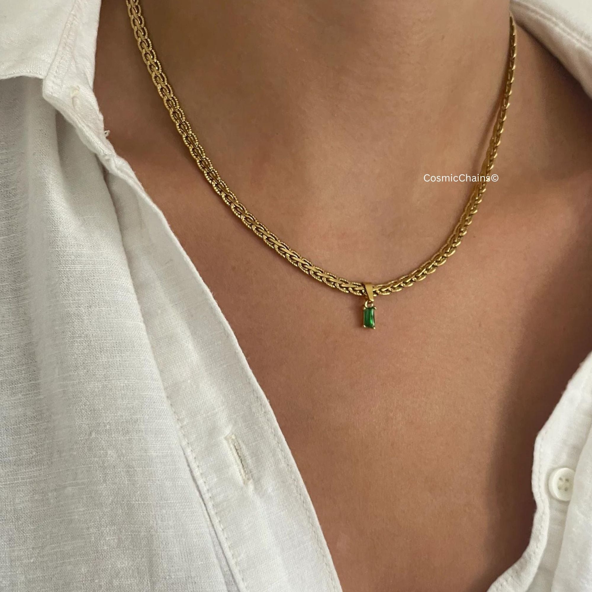 Unique braided design gold emerald necklace, water-safe