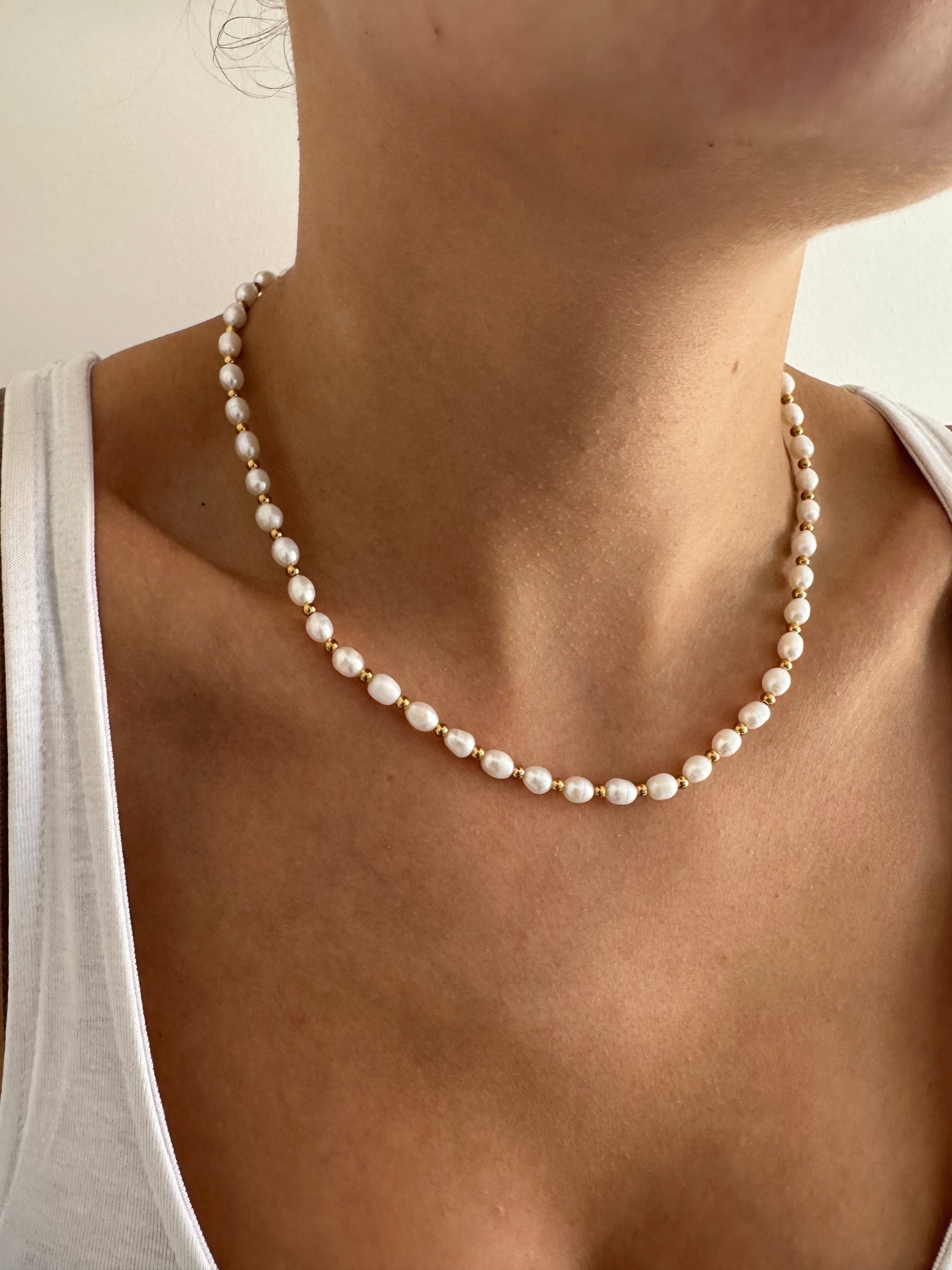 Women's pearl and gold necklace, water safe and durable