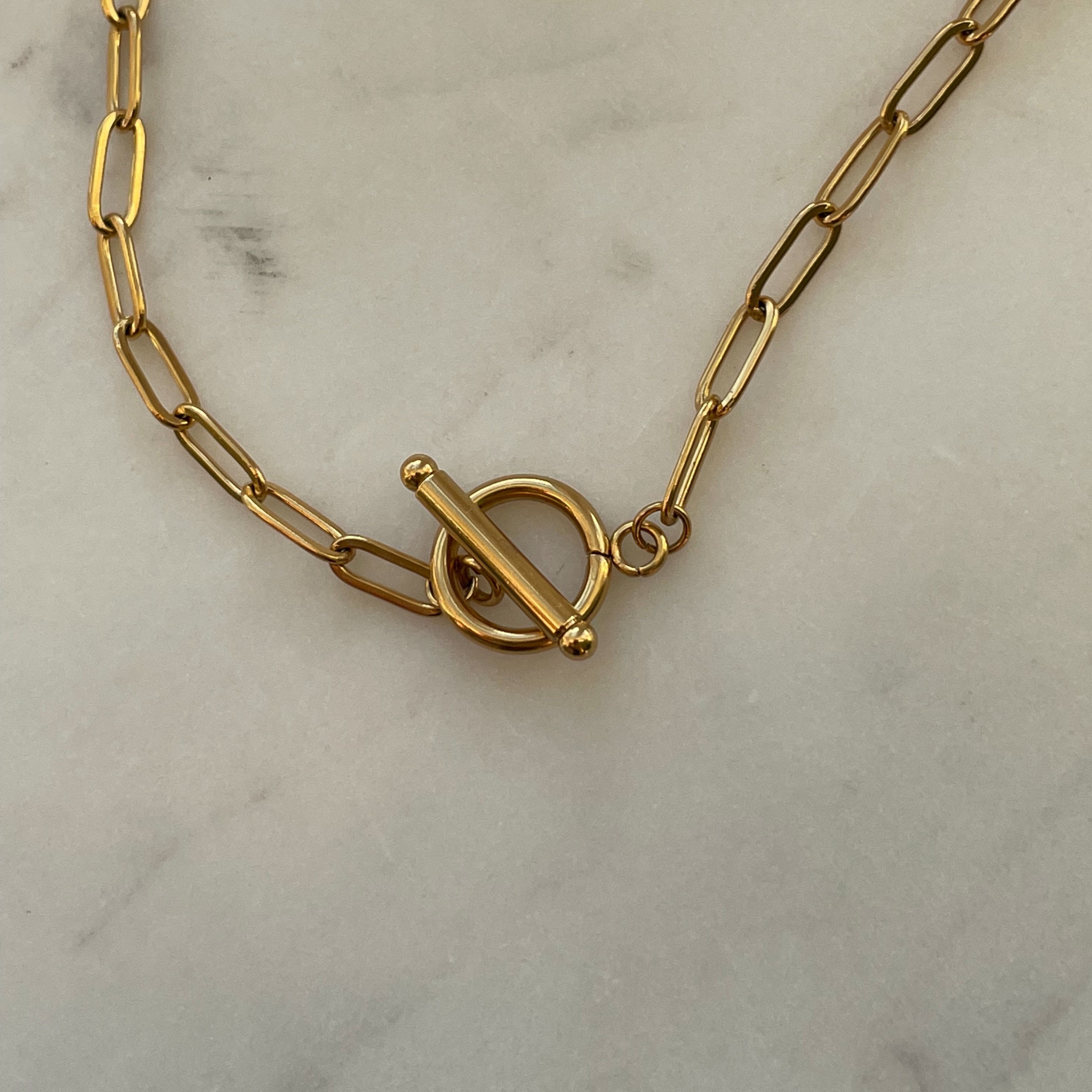 Paperclip Gold Toggle Chain, fashionable and water-resistant.