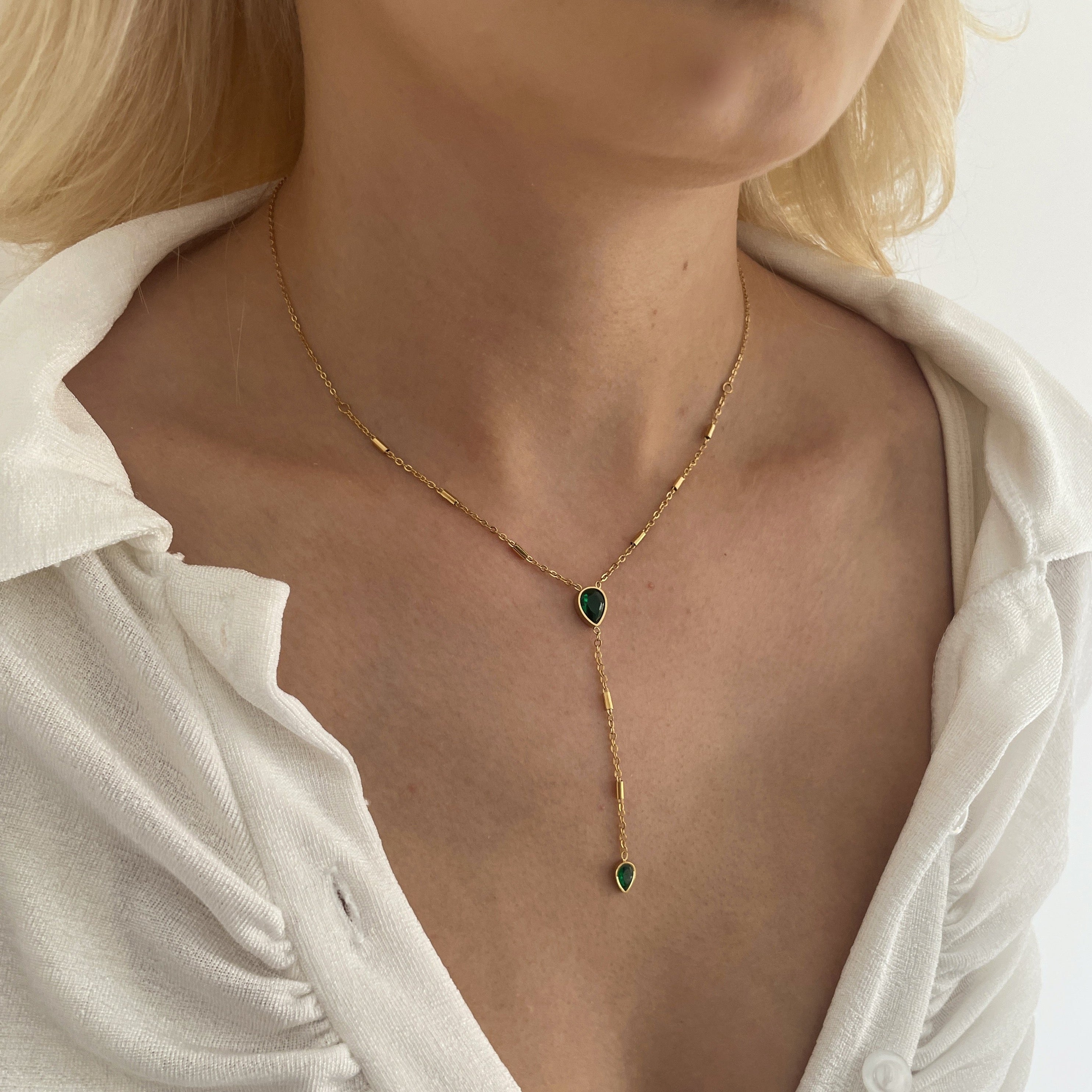 Gold Green Drop Necklace