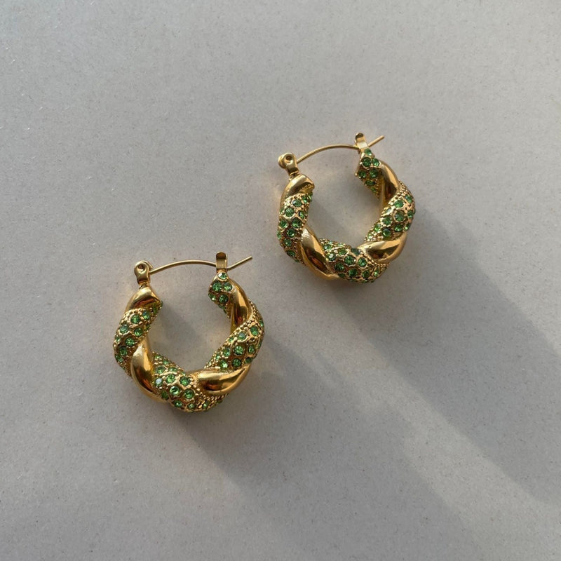 Gold Chunky Hoops with Green Gems - Cosmic Chains 