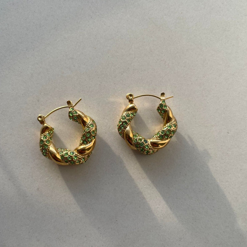 Gold Chunky Hoops with Green Gems - Cosmic Chains 